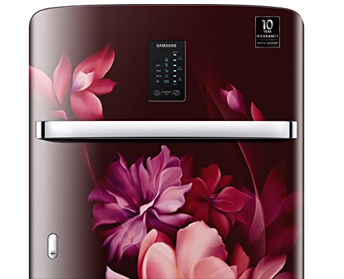 Image of Samsung 209L 3 Star Inverter Direct-Cool Single Door Digi-Touch Curd Maestro Refrigerator Appliance (RR23C2K33RZ /HL,Midnight Blossom Red) Base Stand Drawer