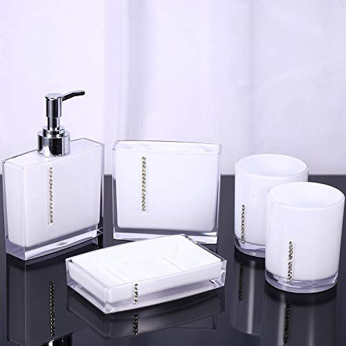 Badezimmer Accessoires Set 5-teilig Acryl Seifenspender, Zahnbürstenhalter, Seifenschale, 2 Zahnputzbecher, Weiß
