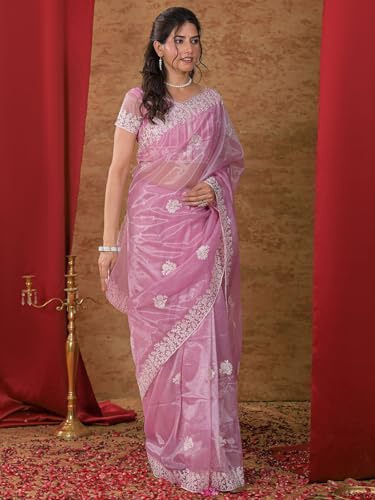 Image of Satrani Women's Net Embroidery Saree with Unstitched Blouse Piece