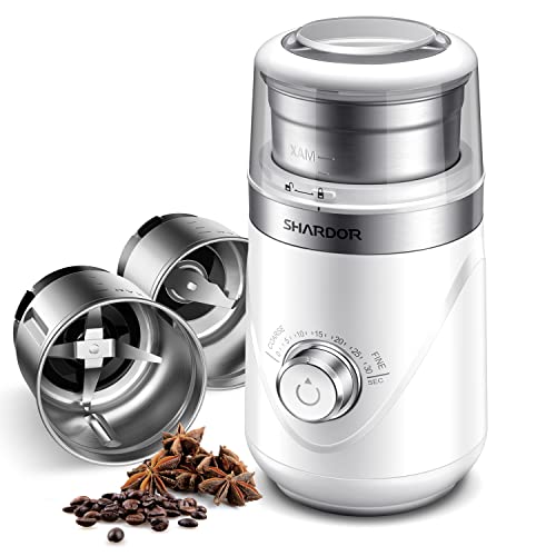 SHARDOR Electric Super Silent Blade Coffee Grinder, Timed Grind Control Rotary Knob, Adjustable Coarse to Fine for Coffee Beans, Spices & Herbs, with 2 Removable Stainless Steel Bowl, White