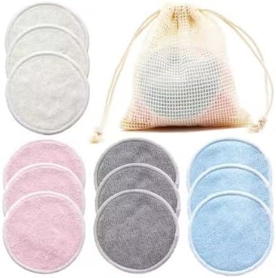 Makeup Remover Pads, 12 Pack, Reusable Cotton Pads 3.15 Inch Round, Beige Blue Pink Gray