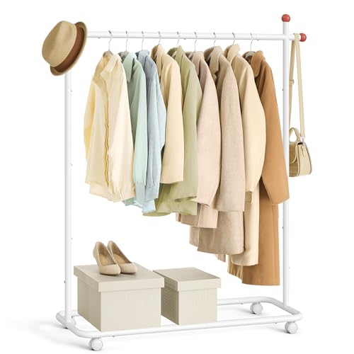 SONGMICS HOME Stand Appendiabiti, Attaccapanni in Metallo con Ruote, 1 Barra Appendiabiti, Ganci a Forma di Fiammifero, Bianco Opaco HSR170W01