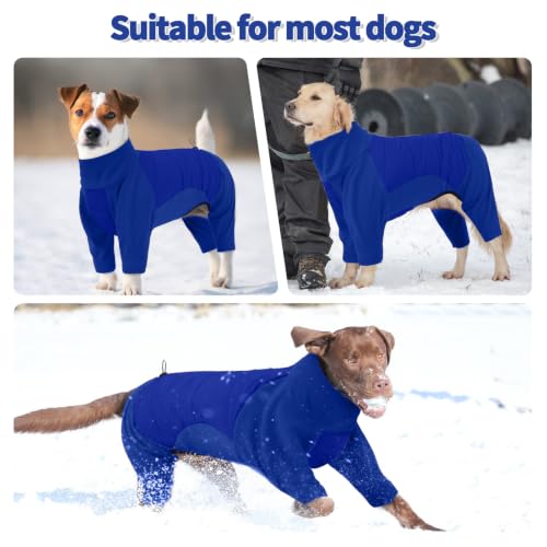 Image of BRKURLEG Full Body Dog Winter Coat Warm Fleece Pullover Pajamas, Four Legs Covered Windproof Dog Jacket for Small to Large Dogs, Turtleneck Dogs Snowsuit, Pet Cold Weather Clothes, Blue XXL