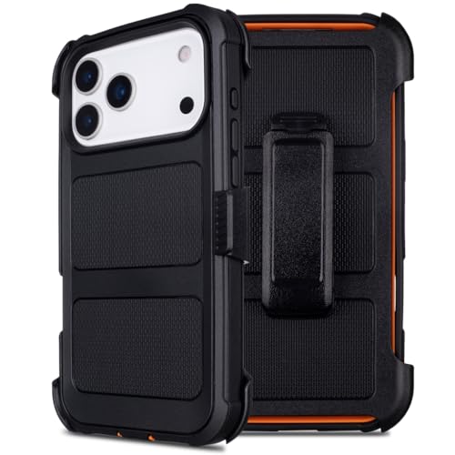 Defender for iPhone 17 Pro Max Case with Clip Holster Heavy Duty Rugged Full-Body 2 Layers of Sturdy Anti-Drop Military-Grade Defender Cover for iPhone 17 Pro Max Phone Case (Black & Orange)