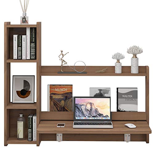 Pmnianhua Klappbarer Wand-Schreibtisch, Laptop-Schreibtisch, Wandmontage, aus Holz, faltbar, multifunktional, mit Ablageböden, Arbeitstisch, Büro zu Hause (dunkelbraun/links) Cover