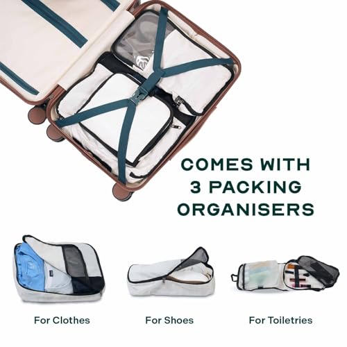 Image of THE ASSEMBLY Polycarbonate 8 Spinner Wheel Odyssey Pro 55 cms Hard Shell Lightweight Luggage with Laptop Compartment & 3 Packing Organizers | Unbreakable Suitcase | 50L | White, Cabin Size