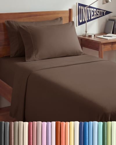 Image of Twin XL 4 Piece Sheet Set - College Dorm Room Essentials - Brown | Ultra Soft Dorm Bedding Set, 8 inch to 16 inch Inch Deep Pockets, 1 Flat & 1 Fitted Sheet & 2 Pillowcases, Wrinkle & Fade Free