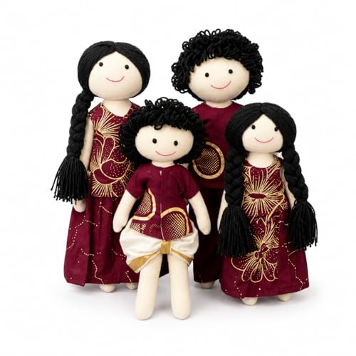 Image of Maroon Traditional Family Handcrafted Indian Rag Doll Set, Soft Cotton Fabric & Yarn Hair South Indian Cloth Dolls, Handmade Fabric Dolls for Kids, Decor & Gift (Set of 4)