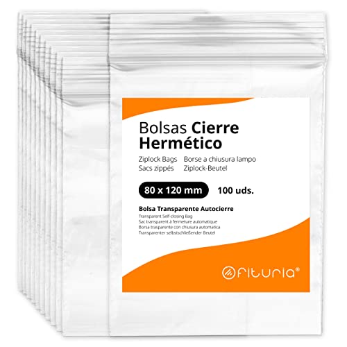 Bolsas con Cierre Hermético de Plástico Transparentes Ideales para Congelar Alimentos, Guarda Documentos, Bolsas Reutilizables y de Conservación   Ofituria (100 Bolsas, 80 x 120 mm)