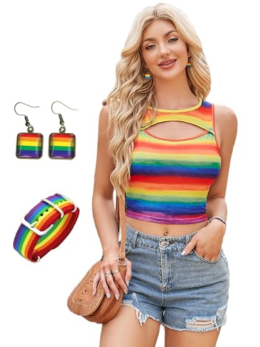 Leevuyu Rainbow Crop Top Pride Outfits for Women Gay Lesbian LGBT Equality Tops Sexy Cutout Tank Shirts M