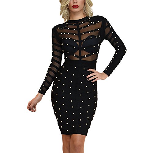 HLBandage Long Sleeve Mesh Beaded Knee Length Rayon Bandage Dress - Black - X-Large