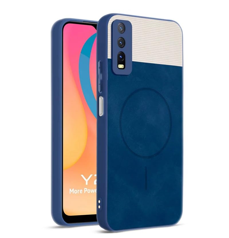 Image of Bintage CASE Dual-Leather Mac Safe Design Phone Case| Soft Touch Finish | Full Camera Protectection Back Cover Compatible for Vivo V2038 /Vivo Y20s / Y20A - White & Royal Blue