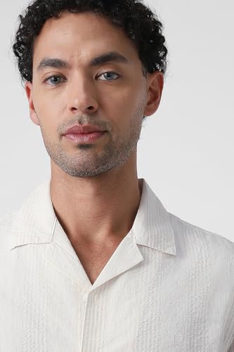 Image of Peter England Men's Casual Half Sleeve Resort Collar Shirt in 100% Cotton Seersucker with Striped Design