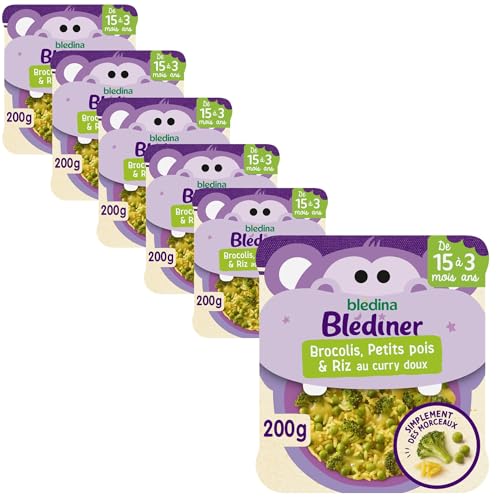 Blédina Morceaux à Dévorer - Petits Plats Bébé - Brocolis; Petits Pois et Riz au curry doux - Dès 15 Mois - 6 Assiettes de 200g