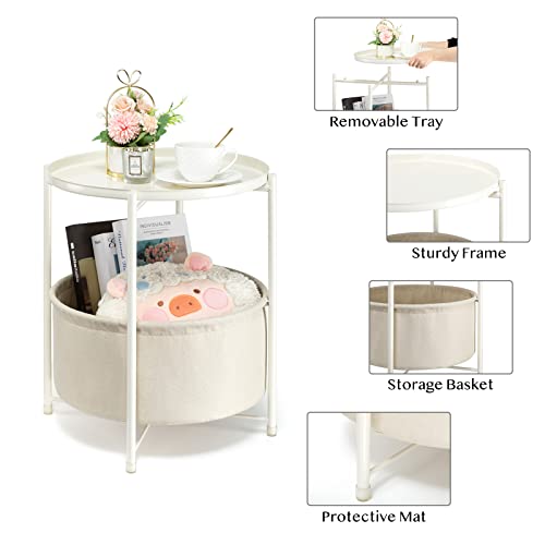 Danpinera Round Side Table With Fabric Storage Basket, Metal Small Bedside Nightstand Removable Tray Top For Living Room, Bedroom, Nursery, Laundry, White #TOP3