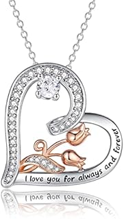 Sterling Silver Necklace for Women Love You Heart Pendant Rose Flower Necklaces, Romantic Birthday Gifts for Girlfriend Her Wife Christmas Valentines Day Gift for Women Girls