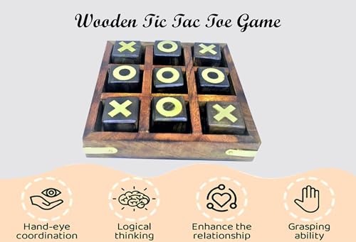 Image of Handcrafted Rosewood Tic Tac Toe Board Game, Sheesham Wood Construction, Classic Family Game with Glass Marbles (5x5inch)