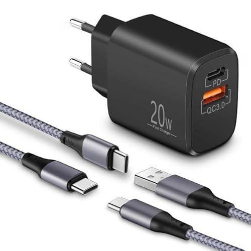 CREAPICO USB C Ladegerät mit Kabel, 20W USB C Netzteil/Adapter mit 2X 2m Nylon Geflechtenem Typ-C Ladekabel, 2-Port Schnellladegerät mit PD/QC3.0, Kompatibel mit Samsung, Xiaomi, Oppo, Google, Pad Cover