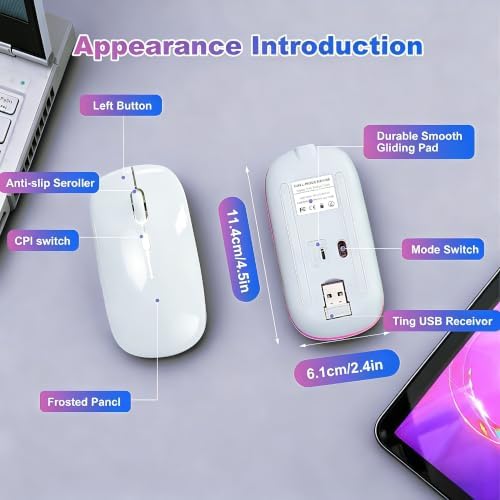 AZTZATZ Wireless Bluetooth Mouse, Rechargeable Computer Mouse, White — view 3