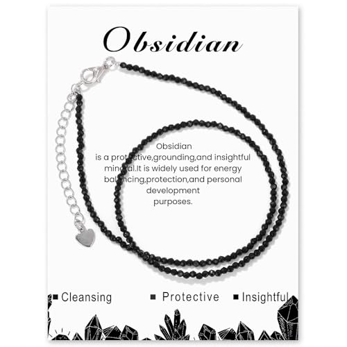 LOCCY Collar de cristal para mujer, collar de cuentas de piedras preciosas de 2 mm, collar de piedra natural para mujer, regalos de cumpleaños, día de la madre y Navidad (Obsidiana)
