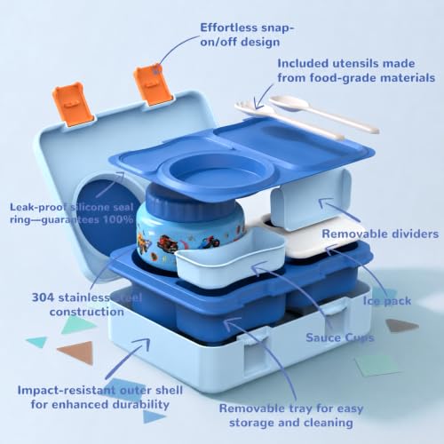 Image of Bento Box for Kids, Leakproof Kids Lunch Box with 8.5OZ Thermo Food Jar & Lunch Bag, 3-4 Compartments Toddler Insulated Lunch Box for Boys, BPA Free Lunch Containers for School Daycare