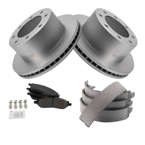Image of TRQ Rear Brake Pad & Rotor Kit Parking Brake Shoe Set Semi-Metallic Compatible with 2005-2007 Ford F-250 Super Duty F-350 Super Duty