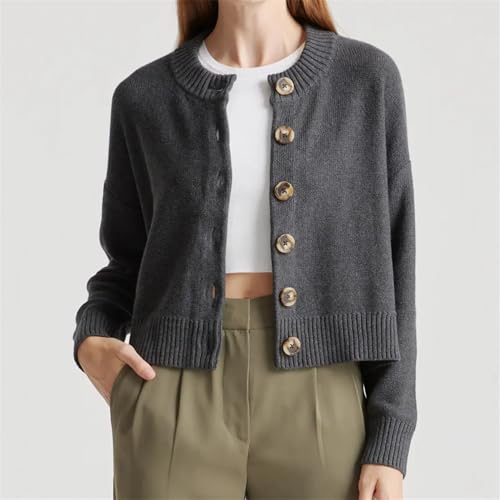 Women’s Basic Button Down Cardigan Casual Crew Neck Long Sleeve Knit Crop Sweater Loose Fit Solid Color Autumn Outwear2