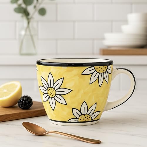 Image of KITTENS Ceramic Coffee Mug - 375ml | Yellow Floral Hand-Painted Design | Microwave & Dishwasher Safe | Food Grade | Tea, Coffee, Milk Mug for Home, Office, Daily Use & Gifting - Made in India