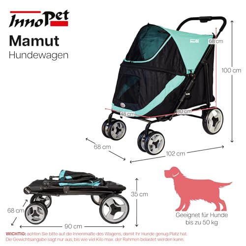 Hundebuggy groß Innopet Mamut blau/schwarz – Rahmen bis 50kg belastbar, inkl. Regenschutz, einhändig klappbar – drehbare Vorderräder – Hundewagen für mittelgroße Hunde oder mehrere kleine Hunde