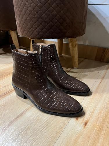 Image of LOZANO Premium Croco Texture Chelsea Leather Boots for Men | High Ankle Cuban Heel Round Toe Zip Closure Cushioned Insole Boot
