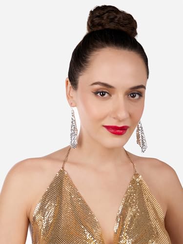 Austrian Diamonds & Metallic Mesh Grid Sequins Drop Earrings