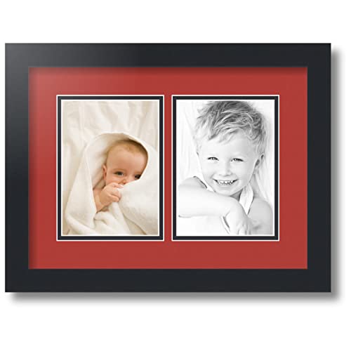 ArtToFrames Collage Photo Frame Double Mat with 2-5x7 inch Openings with Black Frame and Deep Red Top Mat