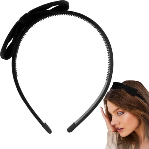HINZIC Bow Headbands Black Thin Bowknot Hairband for Women Non-slip Toothed Design Bow Headband Cute Bowknot Headpiece for Festivals Cosplay Party- 1 Pcs