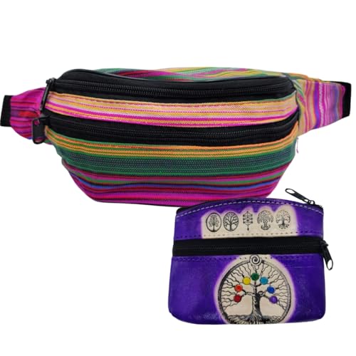 Riñonera Hippie de Tela con 3 Bolsillos + Monedero Étnico con Dibujo Árbol de la Vida Hecho en Piel (Morado)