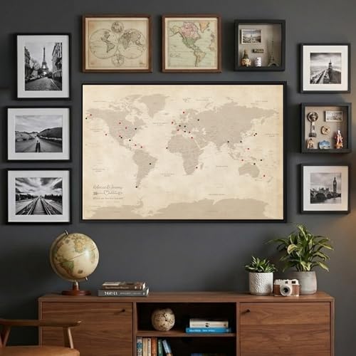 Image of Vintage Canvas Travel Pin Map of the World - Extra Large Antique Style World Map with Pins - Personalized Framed Wall Art - Black Float Frame - 34 inch x 51 inch
