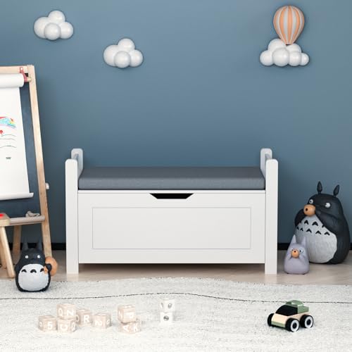 Image of Resenkos Wooden Toy Box with Cushion Seat, Kids Toy Chest with Flip-Top and Safety Hinge, Toy Storage Organizer Trunk for Nursery, Playroom, White