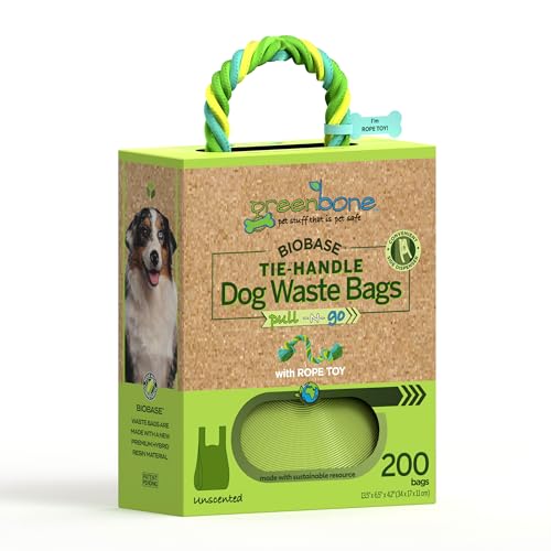 Image of Greenbone Poop Bags for Dogs with Handles Unscented with Bonus Rope Pet Toy, 200 Count on Single Roll, Plant Based