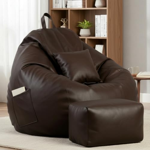 Image of KAM'S LIEU 5XL Luxury Faux Leather Bean Bag with Footrest & Cushion | Pre-Filled High-Density Polystyrene Beans | Premium Leatherette | 6 Months Warranty Color- (Brown, with Footrest)