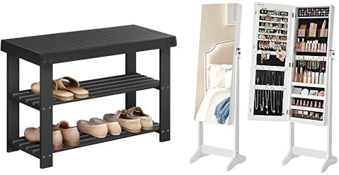 SONGMICS Shoe Rack Bench, Jewelry Cabinet Armoire with 2 Plastic Cosmetic Storage, ULBS04H and UJJC002W01