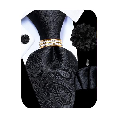 Image of 5PCS Mens Silk Designer Tie, Pocket Square, Cufflinks, Drilled Tie Ring and Lapel Pin Set for Wedding Groom Party