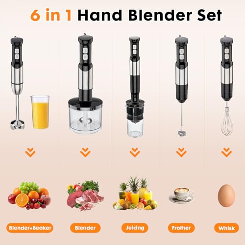 Image of Immersion Blender Handheld Cordless 6 in 1 Hand Held Blenders Mixer Stainless Steel 25 Speed Turbo Mode Electric Sitck Beaker Chopper Milk Frother Grinder