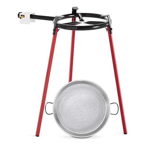 TIENDA EURASIA – Set Paellero de Gas | 3 Patas Reforzadas de 85 cm de alto + Paellera Pulida Color Plata + Quemador Redondo | Apto para Exterior | Color Negro y Rojo | Soporta hasta 60 Kg (38 cm)