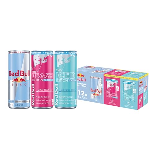 Red Bull Energy Drink SugarFree Variety Pack, Zero, Peach, Iced Vanilla Berry, with 80mg Caffeine,...