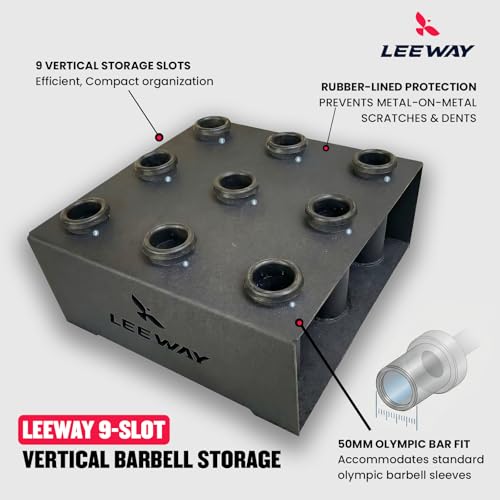 Image of Leeway Barbell Holder, 9-Slot Vertical Olympic Barbell Stand for 2-Inch Bars | Heavy-Duty Steel Rack for Curl Bar, Hex, Trap & Multi-Grip Bars | Space-Saving Home Gym Organizer, Black