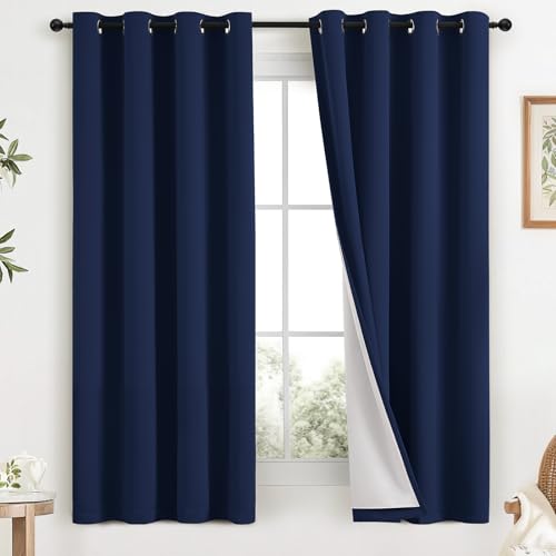 Image of COSVIYA Navy Blue 100% Blackout Curtains for Bedroom with White Back | 2 Thick Layers Full Room Darkening Thermal Insulated Curtain,Grommet Window Drapes for Living Room, 40x63 Inch, 2 Panels