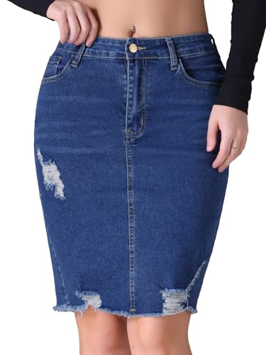 Women's Denim Skirt Stretch Denim High Waisted Raw Hem Above The Knee Pencil Skirt Jean Skirts
