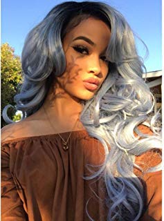 Lady Miranda Ombre Gray Long Wave High Density Black Root Wig Heat Resistant Synthetic Hair Wigs