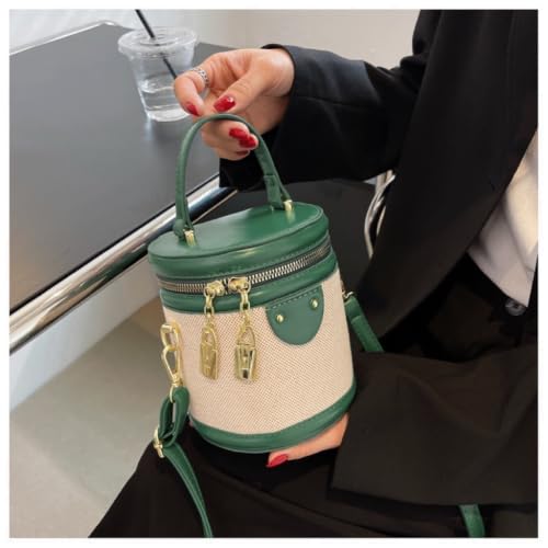Image of Retro Bucket Bag Color Contrast Cylinder Purse | Senior Sense Style, Single Shoulder Crossbody, Zipper Closure, 4.7x6
