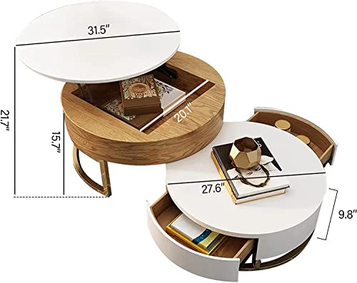 Kollecktiv Lift Top Coffee Table With Hidden Compartment Round Coffee Tables For Living Room Coffee Shop Elegance Gold Frame Center Table 31.5" (White) #TOP1