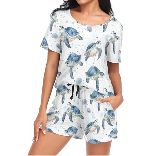 Pyjama femme tortue de mer bleu ensemble nuit manches courtes taille S